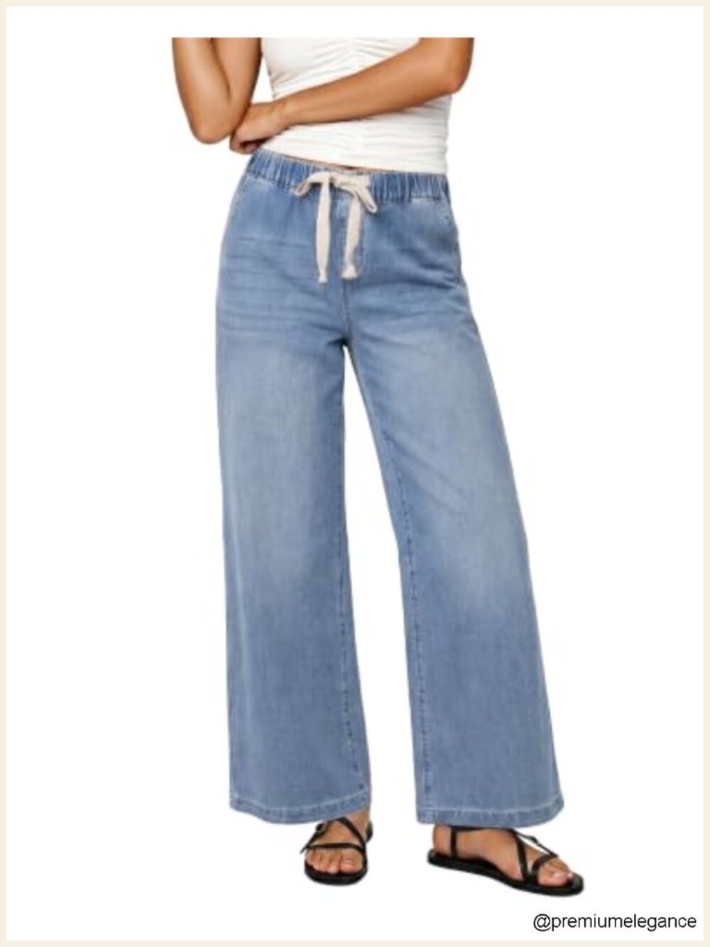 Wide Leg Jeans for Women High Waisted Elastic Waist Drawstring Denim Pants